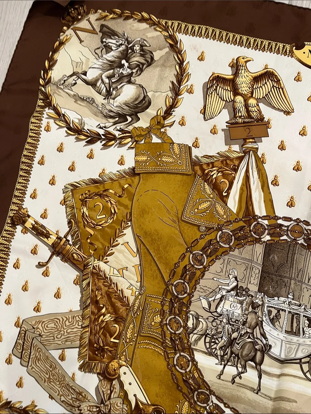 Hermes Brown and Gold Napoléon Silk Scarf